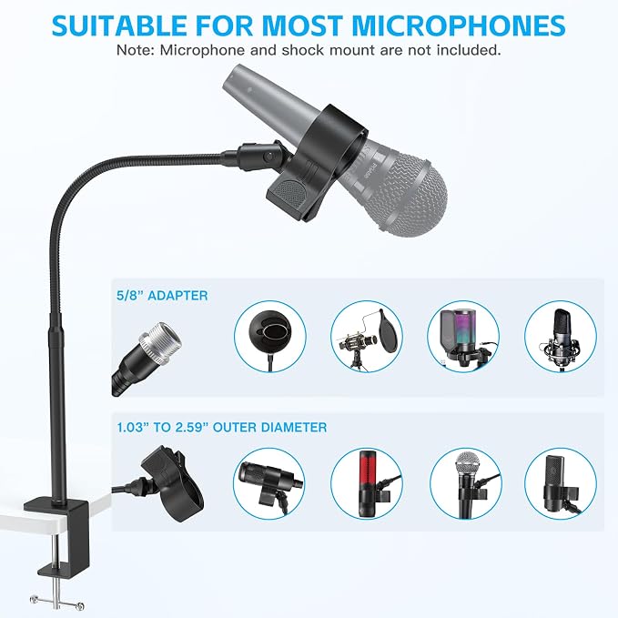ZealSound Microphone Stand 19inch,Flexible Gooseneck Desktop Mic Stands,Upgraded Microphone Clip Holder for Mics with Outer Diameter 1.03" and 2.59",3/8" to 5/8" Screw Adapter for Blue Yeti and More