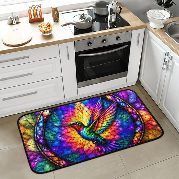 Hummingbird Kitchen Mats Cushioned Anti Fatigue Kitchen Rugs Non-Slip B-6 | Hummingbird Glass Painting Non-Slip Standing Desk Mat, Absorbent Kitchen Rug for Floor, Kitchen, Office, Sink, 20"×39"