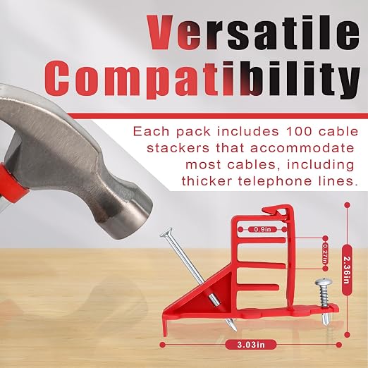 100 Pack Multi-Cable Staples with Steel Nails, Red Cable Stackers | Electrical Wire Stacker Clips for Organizing Multiple NM Cables Coaxial and Data Line on Wood Framing for Neat Secure Routing