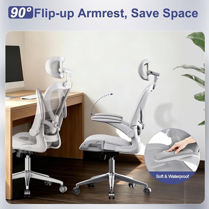 naspaluro Home Office Chair with Flip-up Armrests Adjustable Headrest Lumbar Support, Mesh Desk Chair 90-120°Rocking Chairs for Home Office, Study, Work & Gaming, Black