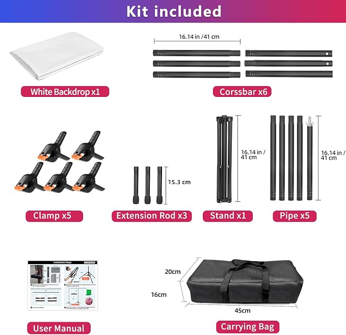 White Backdrop with Stand, 6.5x8.2 ft White Photo Backdrop Curtain with 7.5x7.9 ft Background Stand, Portable Back Drop Support Kit with Carrying Bag, 5 Strong Spring Clamps