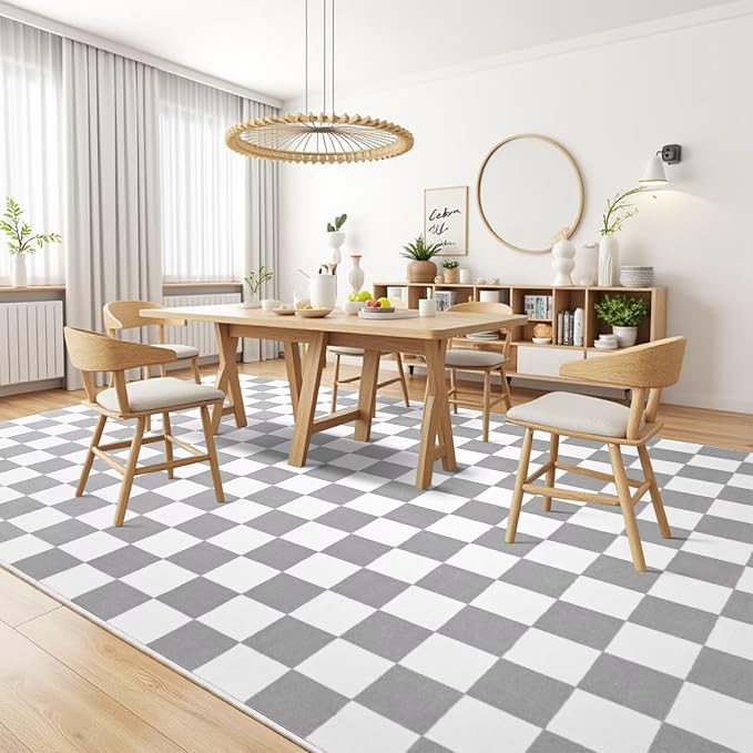 Terrug Grey and White Checkered Rug for Living Room,5x7 Area Rugs Washable with Non Slip for Bedroom,Soft Low Pile Stain Resistance Retro Carpet for Dorm Kids Room