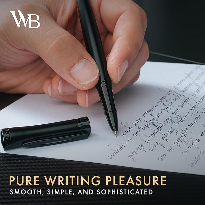 Wordsworth and Black Rollerball Pen - Luxury Pen - 24K Gold Finish, Black Lacquer, Ink Refill, Refillable Gift for Men & Women, Professional Writing, Nice and Fancy Pens and for Work