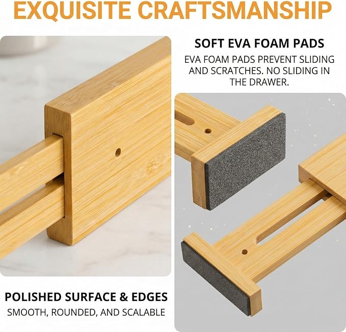 FUSHITON Bamboo Drawer Dividers 17"-22" Adjustable Expandable Drawer Organizers Spring Loaded Drawer Separators for Kitchen Dresser Bathroom Bedroom Office Storage, 4 Pack