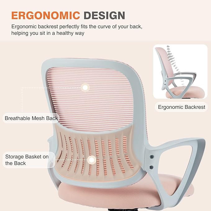 Sweetcrispy Home Office Managerial Executive Chair with Ergonomic Design, Mid-Back Mesh Swivel, Comfortable Lumbar Support, Comfy Arms for Bedroom,Study,Student