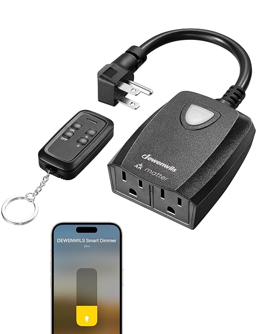 DEWENWILS Wi-Fi Matter Smart Dimmer Plug, Remote Control, 2 Grounded Outlets, Work with Alexa/Google Home, Support 200W Dimmable LED/400W Tungsten Bulbs, Outdoor Dimmer for String Lights, 2.4GHz Only
