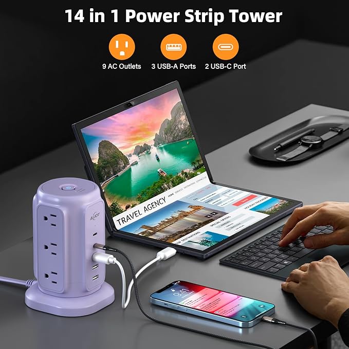 AiJoy Flat Plug Power Strip Tower with 9 AC Outlets and 5 USB Ports | USB Charging Station with 1200J Protection, 6 Feet Extension Cord for Apartment Essentials, Desk Accessories for Women