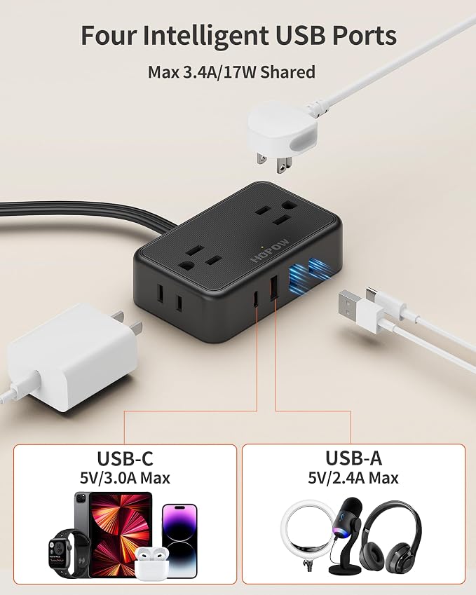HOPOW Flat Plug Extension Cord, 6 Ft Ultra Thin Power Strip, 4 AC Wide Spaced outlets and 4 USB (2 USB-C) Ports, No Surge Protector for Cruise Ship, Travel, Dorm Room Essentials (Black)