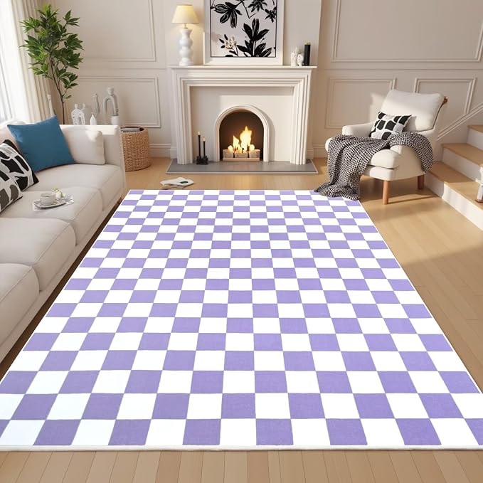 Terrug Purple and White Checkered Rug for Living Room,5x7 Area Rugs Washable with Non Slip for Bedroom,Soft Low Pile Stain Resistance Retro Carpet for Dorm Kids Room
