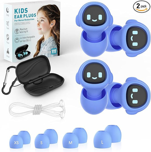 2 Pairs Kids Ear Plugs for 5-12 Yr, 27 dB Noise Reduction Extra Small Earplugs, Ear Plugs for Kids for Noise Sensitivity, Socializing, Sleep, Focus, 4 Sizes Ear Tips in XS-L (2X Purple+Cord)
