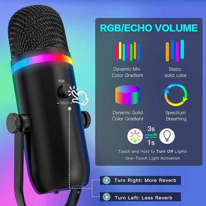 ZealSound Podcast Microphone for PC/Mac/iPhone – USB Studio Mic with Noise Cancellation, RGB Lighting, Mute, Gain, Monitoring & Echo, Boom Arm & Pop Filter, Streaming, Recording, TikTok, YouTube