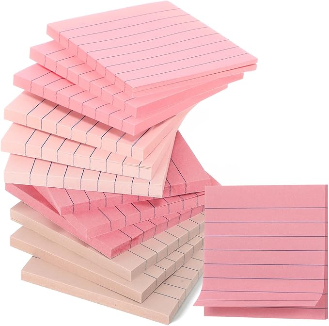 12 Pack Lined Sticky Notes 3x3 inch Post Ruled Stickies Super Self Stick Power Memo Pads Multi Colors Notes Pads Vintage Aesthetic School Office Supplies Accessories(Pink)