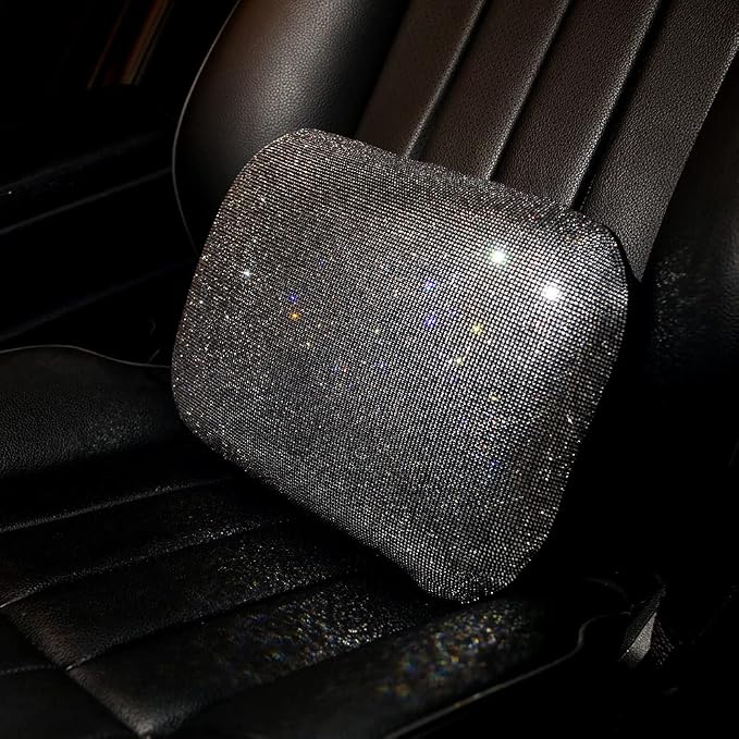 Carwales Lumbar Support Pillow Summer Decorative for Car Soft Bling Accessories Sparkly Diamond Rhinestone for Women Girls, Universal Office Chair Lower Back Cushion Rubber Black