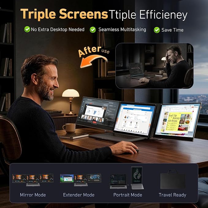 Vixtan 15.6" Triple Laptop Screen Extender, Ultra-Thin FHD IPS Portable Monitor for Laptop, USB-C Plug & Play Multi Screen Attachment for 13-17.3" laptops with Windows/Mac/Chrome