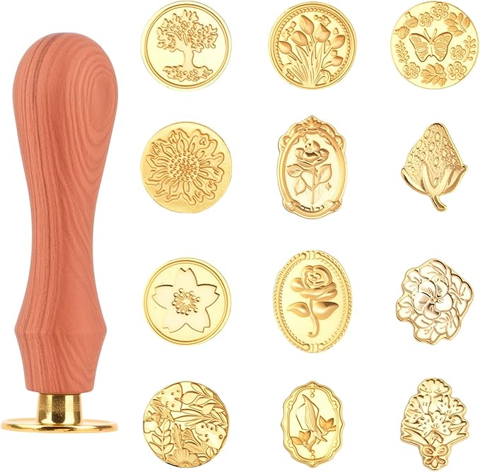 13 Pcs Wax Seal Stamp Kit 12 Pcs Sealing Wax Stamp Heads with Wooden Handle for Letter Wedding Party Invitations Gift Wrapping Encapsulation Greeting Cards Flower Floral