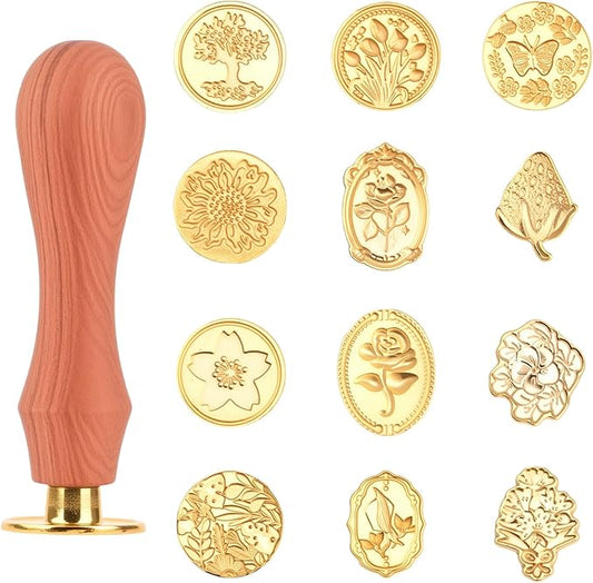 13 Pcs Wax Seal Stamp Kit 12 Pcs Sealing Wax Stamp Heads with Wooden Handle for Letter Wedding Party Invitations Gift Wrapping Encapsulation Greeting Cards Flower Floral
