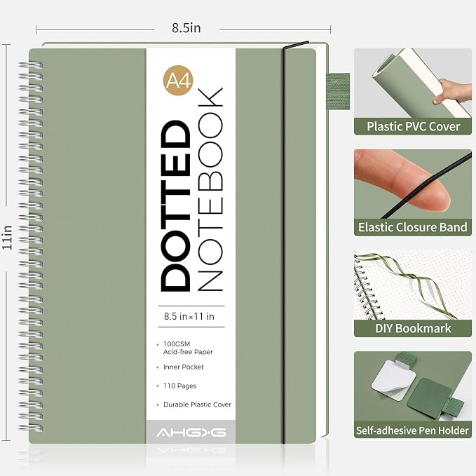 AHGXG Dotted Journal - Dot Grid Spiral Notebook 8.5" x 11", A4 Large Dotted Notebook, 100 GSM Thick Paper, Waterproof Plastic Cover Journals for Journaling, Sketching, Light Green