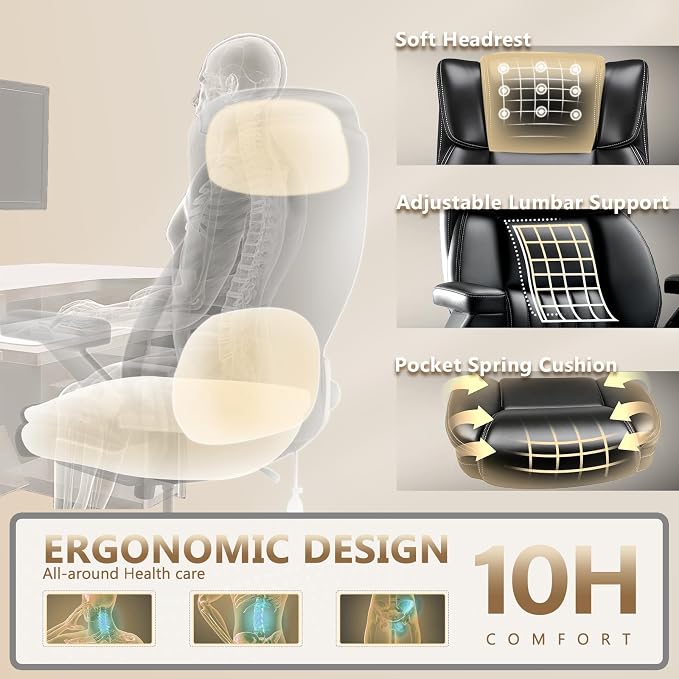 650LBS Large Heavy Duty Executive Office Chair with 5D Flip Arms and Pocket Spring Cushion, Ergonomic Big and Tall Desk Chair with Lumbar Support,High Back PU Leather Computer Chair