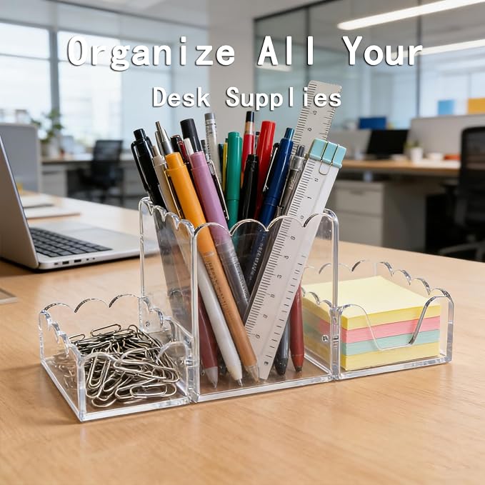 Acrylic Desk Organizer Set of 3,Magnetic Modular Pen Holder with Sticky Note & Paperclip Tray, Clear Aesthetic Desk Accessories for Home Office, Desk Decor for Women Men, Small Space Office Supplies