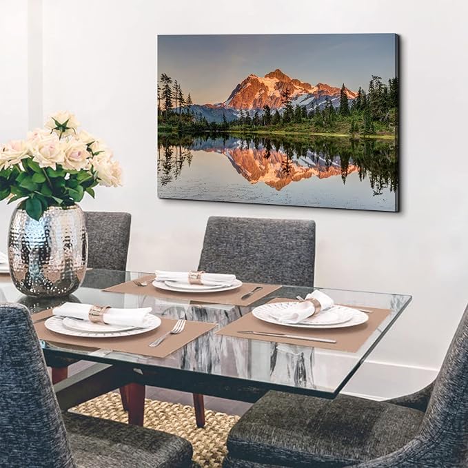 Nature Mountain Scenery Canvas Wall Art Home Decorations Mount Baker Washington Landscape Picture Wall Decor Sunset Forest River Panoramic Painting for Modern Living Room Bedroom Framed Artwork 32x48"