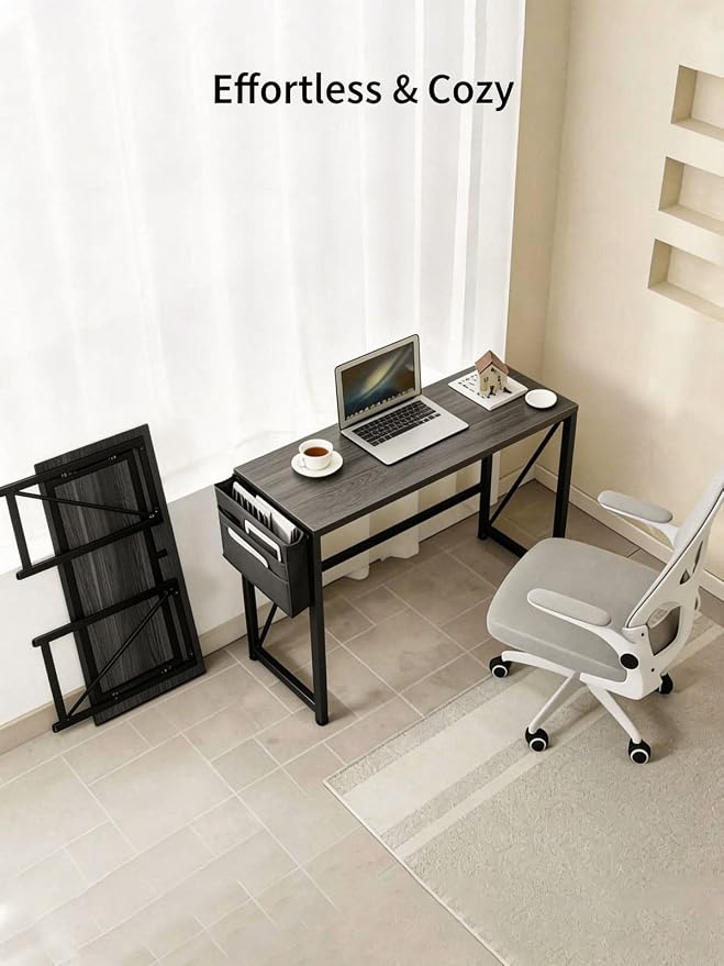 Modern Foldable Writing Computer Desk with Storage Bag, No-Assembly Study Office Desk Foldable Table for Small Spaces, Home Office (Black Oak, 39.4 inch)