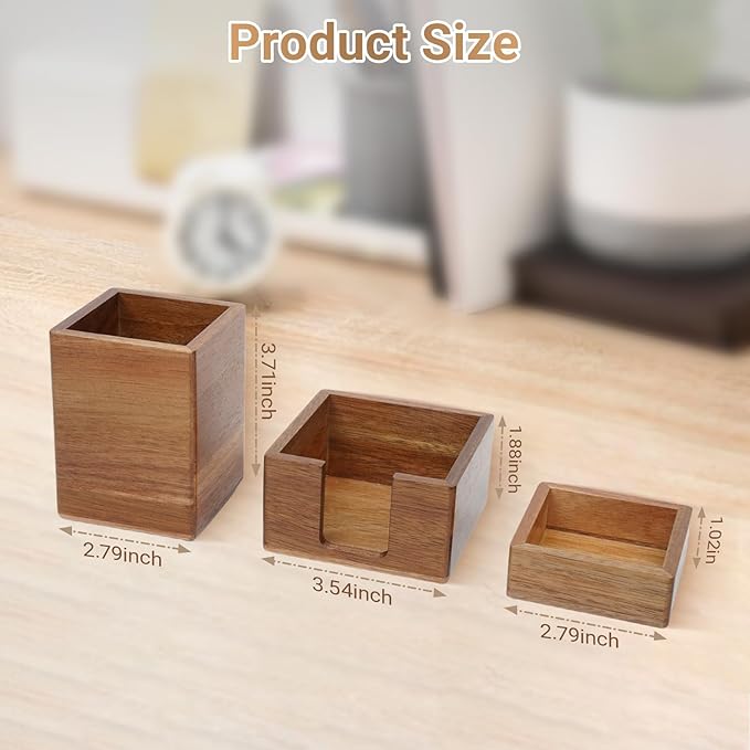 RAWILL 3 PCS Wooden Desk Organizer Set, Acacia Wood Office Desk Accessories with Pen Holder, Paperclip Storage and Sticky Note Holder,Wood Grain Clear, Ideal Gift for Office and Family