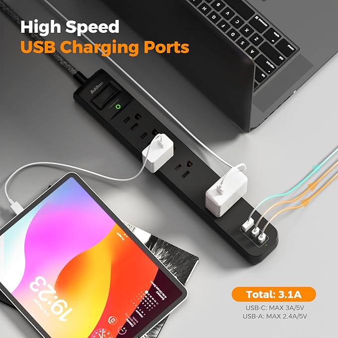 2 Pack Short Power Strip Surge Protector- Addtam USB C Power Strip,3ft Flat Extension Cord with 5 Widely 3 USB (2 USB-C) Ports, Desktop Charging Station for Home Office College Dorm Room Essentials
