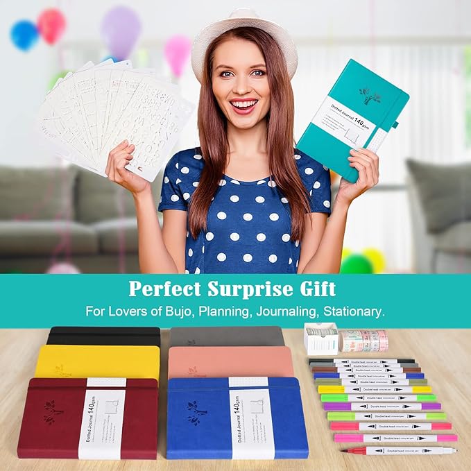Bullet Dotted Journal Kit, 140gsm Hardcover A5 Dotted Journal with 188 Numbered Pages＆3 Index, 12 Brush Pens Dual Tip, 10 Stencils＆14 Washi Tape, Journaling Supplies for Scrapbooking Lovers, Teal