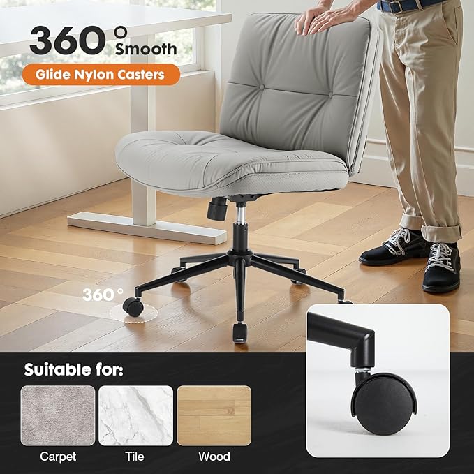 Sweetcrispy Criss Cross Chair with Wheels, Wide Seat PU Leather Armless Office Desk Vanity Chair, Comfortable Adjustable Swivel Computer Task Chairs for Bedroom, Small Space Make Up, Grey