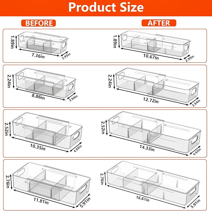 REBECAT 4 Pcs Expandable Clear Drawer Organizers, Adjustable Drawer Organizer Bins with Dividers, makeup organizer for drawer, drawer organizer bathroom for Vanity, Junk Drawer & Office