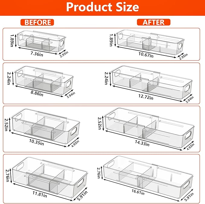 REBECAT 8 Pcs Expandable Clear Drawer Organizers, Adjustable Drawer Organizer Bins with Dividers, makeup organizer for drawer, drawer organizer bathroom for Vanity, Junk Drawer & Office