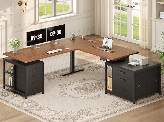 SEDETA 63" L Shaped Electric Standing Desk, Height Adjustable Corner Desk with 7 Fabric Storage Drawers & Power Outlet, 3 Memory Heights, 200lbs Capacity for Home Office Gaming, Black + Brown