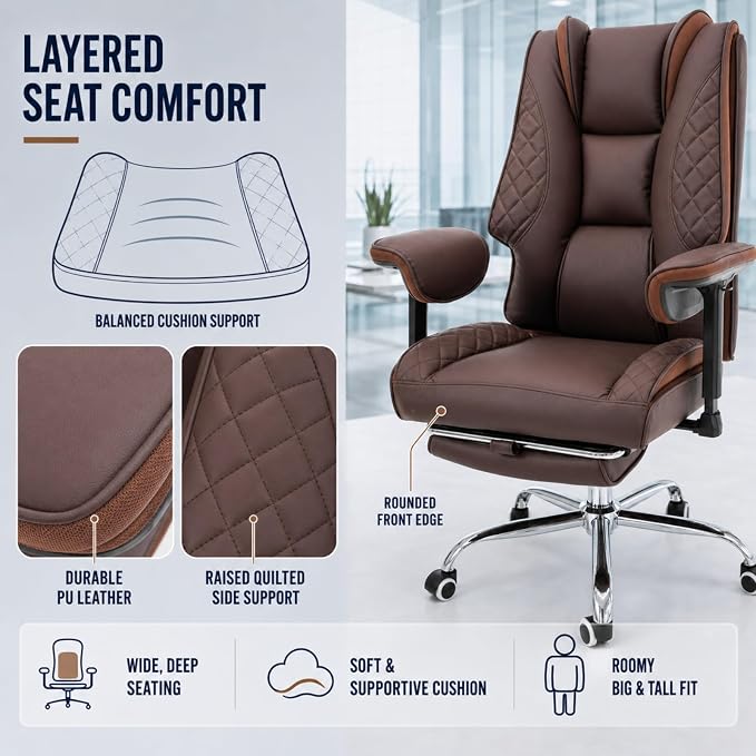 Big and Tall Office Chair，Heavy Duty Wide Executive Office Chair (Brown) | Breathable Leather，Double-layered Backrest，Seat Cushion Designed of Deluxe Embroidery Leather，Foot Rest, Adjustable Armrests