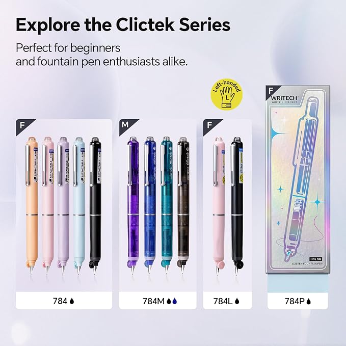 WRITECH Retractable Fountain Pen Clictek: Fine Nib Black Ink with 10 Refillable Ink Cartridges No Leaking Smooth Writing for Gift Calligraphy Journaling School Office