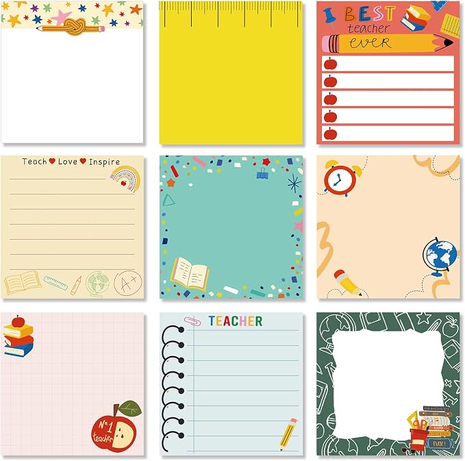 9 Pads Cute Sticky Notes Cartoon Self Stick Notepads 3x3 Inches Notes Adhesive Memo Pad Office Decor Gifts for Students School Teacher Office Meeting(Teacher)