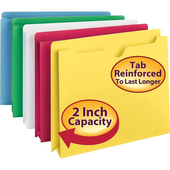 Smead File Jackets Letter Size for File Folders, Reinforced Straight-Cut Tab, 2" Expansion, Letter Size, Assorted Colors, 10 Per Pack (75688) (Pack of 5)