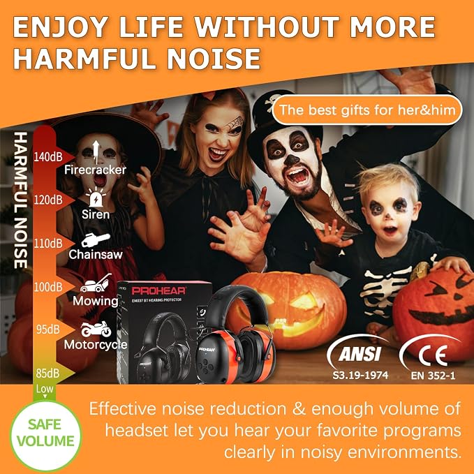 PROHEAR 037 Gel Ear Pads Bluetooth 6.0 Hearing Protection Headphones,1500mAh Rechargeable Battery for 120H Playtime Perfect for Mowing Workshops Snowblowing - Orange