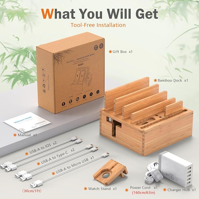 Pezin & Hulin Desktop USB Charging Station with Power Charger & Cables | Bamboo Charging Station for Multiple Devices, Desktop Charger Block, Compatible with Tablet, Cell Phone, Earbuds, Smartwatch