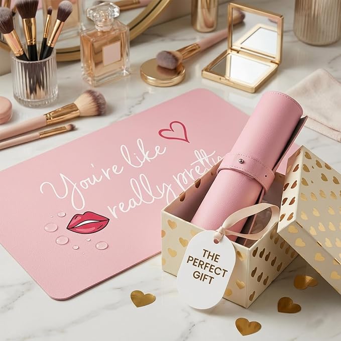 DOUDIZHU Makeup Mat for Vanity, Dual-Sided Vanity Top Protector Mat Waterproof Dressing Desk Makeup Table Cover Mat You're Like Really Pretty (Baby Pink/Silver, 23.6"x11.8")