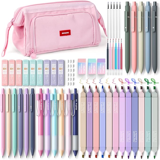Nicpro 55PCS Aesthetic School Supplies with Pencil Case, 12 Pastel Highlighters, 11 Gel Pens, 6 Mechanical Pencils & Accessories, Cute Stationery Kit for Girls, Back to School Student Essentials
