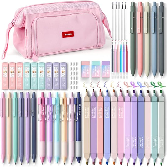 Nicpro 55PCS Aesthetic School Supplies with Pencil Case, 12 Pastel Highlighters, 11 Gel Pens, 6 Mechanical Pencils & Accessories, Cute Stationery Kit for Girls, Back to School Student Essentials