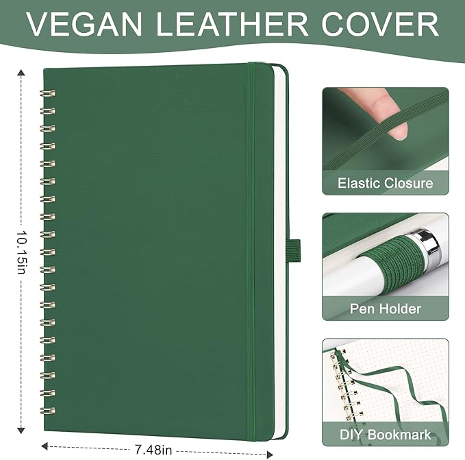 AHGXG HGXG Dotted Journal Spiral Notebook, Large B5 Dotted Notebook 140 Pages, Leather Hardcover, 100 GSM Thick Dot Grid Paper, Inner Pocket, for Dotted Journaling, 7.6" x 10", Green