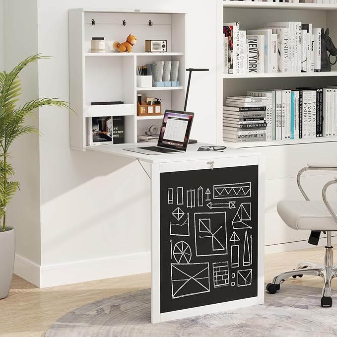 SIMOE Floating Wall-Mounted Desk, Storage Shelves and Hooks, Foldable Murphy Table with Chalkboard, Space-Saving Solution for Home Office, Bedroom, Dorm Room and Small Spaces