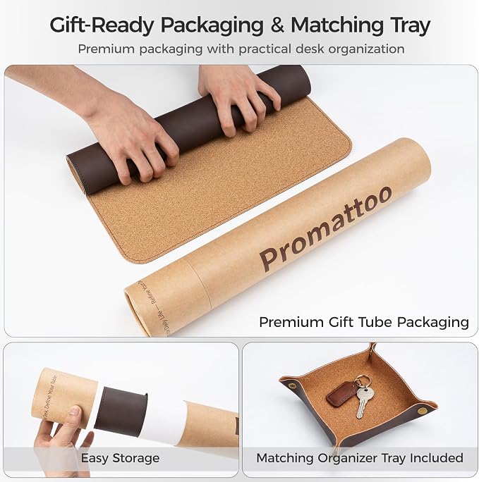 Premium Faux Leather Desk Mat & Tray Set，Innovative Cork-Look Printed Base，Gift Tube Packaging，Full-Desk Coverage，Non-Slip Desk Pad for Office Home（Espresso Brown）