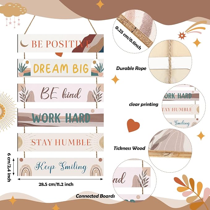 Blulu 6 Pcs Rustic Wall Hanging Plaque Sign Back to School Inspirational Wall Art Farmhouse Wooden Door Signs Positive Plaque with Quotes Motivational Quote Decor for Office Bedroom(Cute Style)
