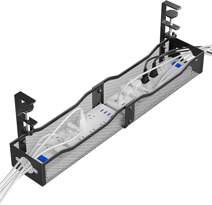 DELAMU 25'' Upgraded No Drilling Under Desk Cable Management Tray, Black | Under Desk Cable Management, Extra-Long, No Tools Required Installation, Height-adjustable, Home Office Gaming Accessories
