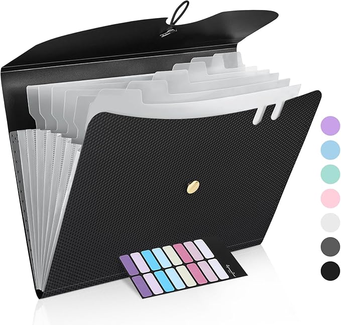 Sooez 7 Pocket Accordion File Organizer, Premium Expanding File Folder, Letter Size Folders for Documents, Sleek Filing Folders with Bungee Closure, Portable Folders for School Office Supplies, Black