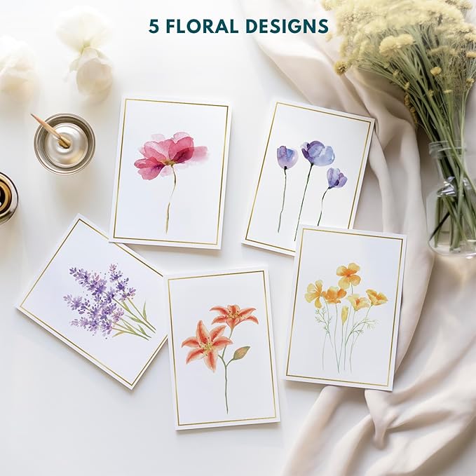 EACYART Blank Cards, 30 Pack Blank Greet Cards, Elegant Gold Foil Blank Note with Envelopes, Perfect Stationary Set For All Occasions, 5 Assorted Floral Designs