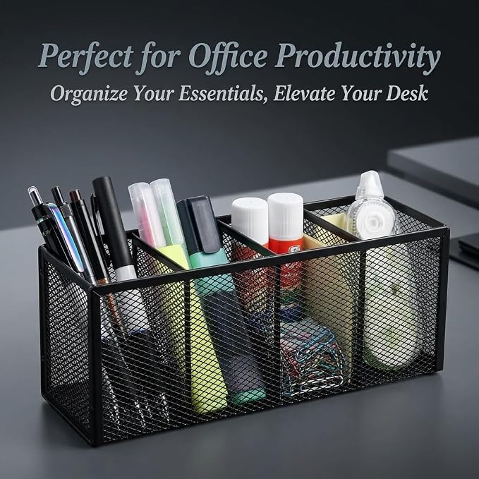 Metal Pen Holder, Pencil Holder 4 Compartments, Mesh Pen Storage Pencil Organizer Cup Makeup Brush Holder for Office Desk Accessories, Black