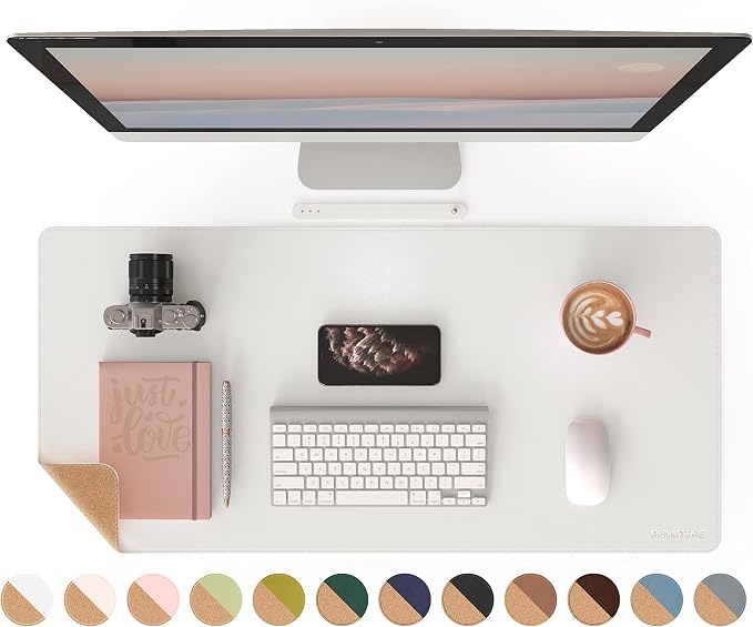 RENMTURE Dual-Sided Mouse Pad, Natural Cork & PU Leather Large Desk Pad for Office and Home Work, Desk Protector Non-Slip, Waterproof, Easy Clean (White, 36"x17")